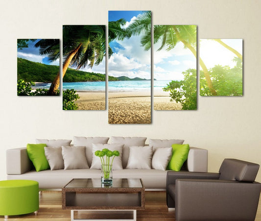Color: Draw core, style: D - Abstract Modern Home Decoration Canvas Painting 5 Sets Of Beach Coconut Tree Landscape Painting