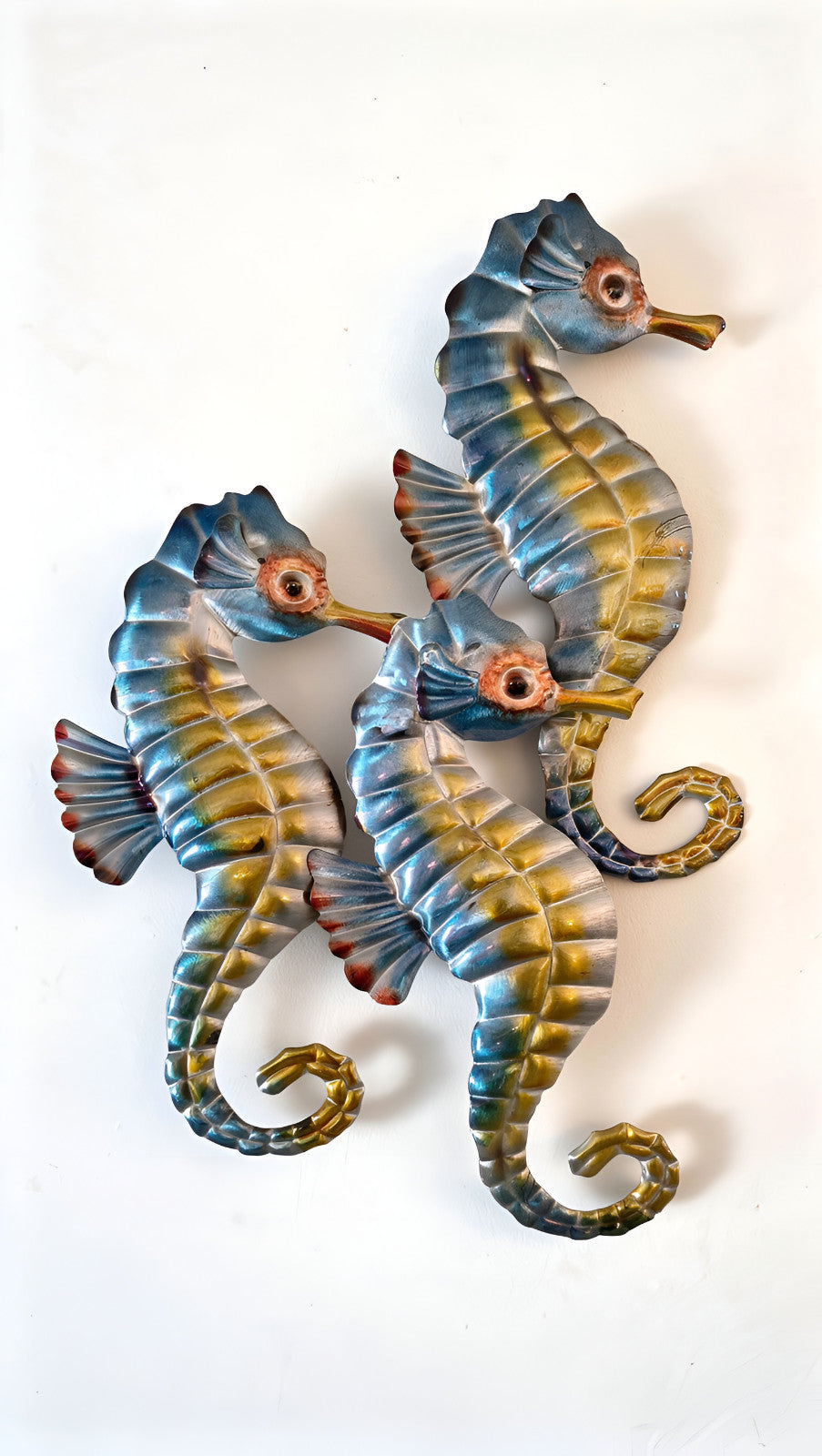 Metal Seahorse Sculpture Globe Triple Seahorse 24 Inch Aquamarine Blue