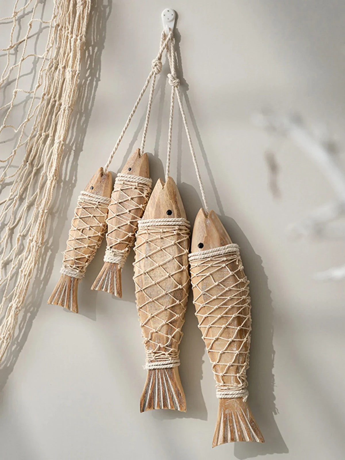 Rustic Wooden Fish Wall Decor - Nautical Rope Hanging Ornament for Home