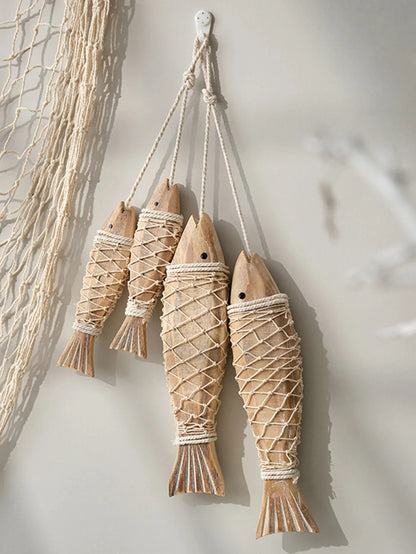 Rustic Wooden Fish Wall Decor - Nautical Rope Hanging Ornament for Home