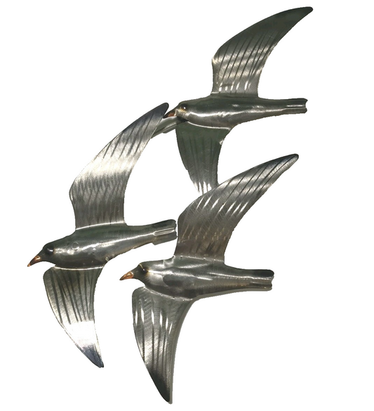 19″ High x 10″ Wide Flock of Metal Silvery Wall Seagulls