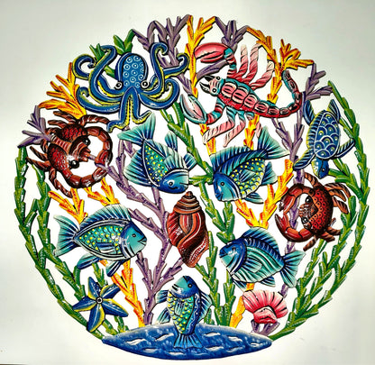 23 inches Oil Drum Top Multicolor Fish Made in Haiti Hand Made Metal Drum Art