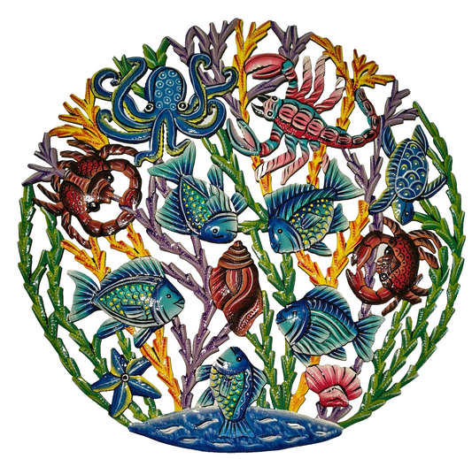 23 inches Oil Drum Top Multicolor Fish Made in Haiti Hand Made Metal Drum Art