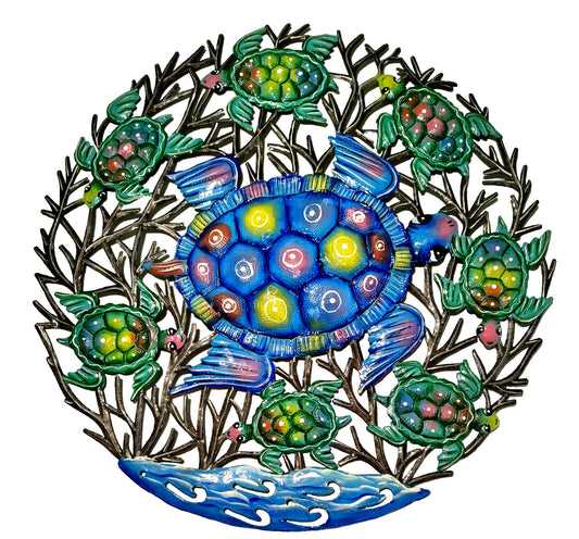 23 inches Antoine- Blue & Turquoise Turtles Hand Made Metal Drum Artwork