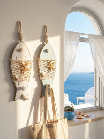 Nautical Decorative Wood Fish Wall Hook – Coastal Beach Starfish Hanger