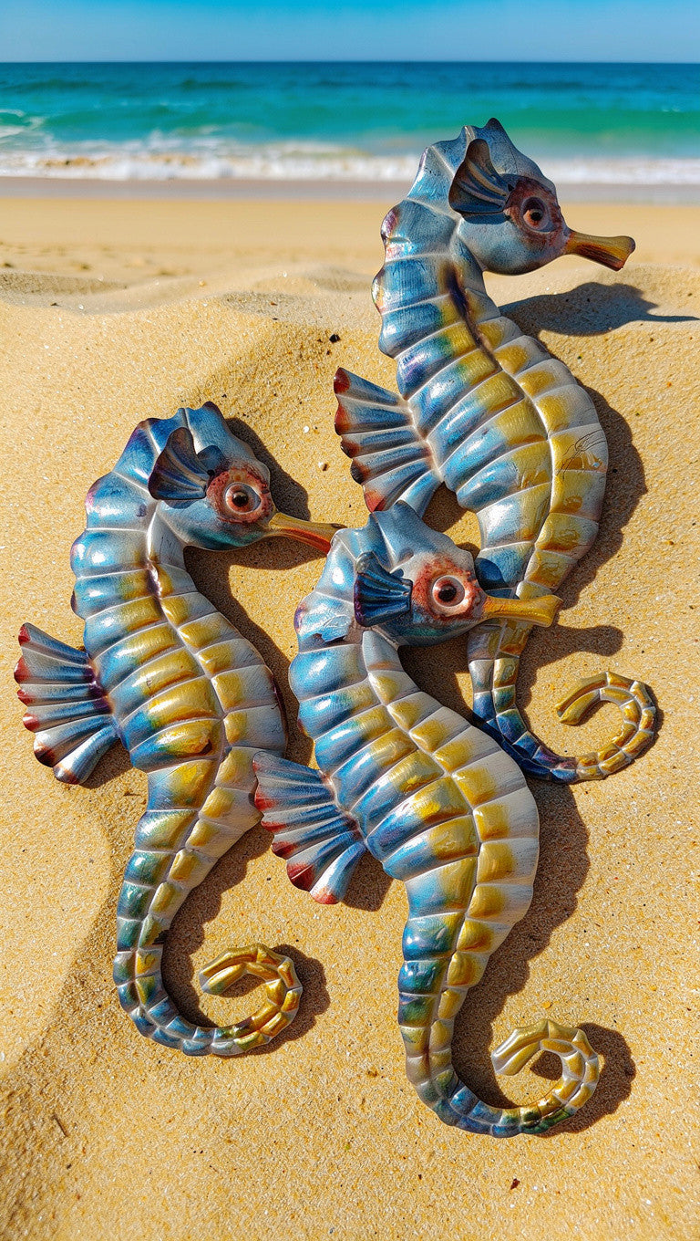 Metal Seahorse Sculpture Globe Triple Seahorse 24 Inch Aquamarine Blue
