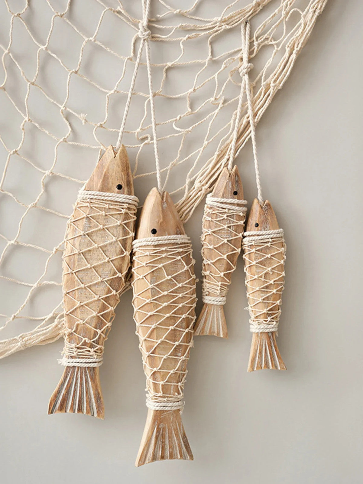 Rustic Wooden Fish Wall Decor - Nautical Rope Hanging Ornament for Home