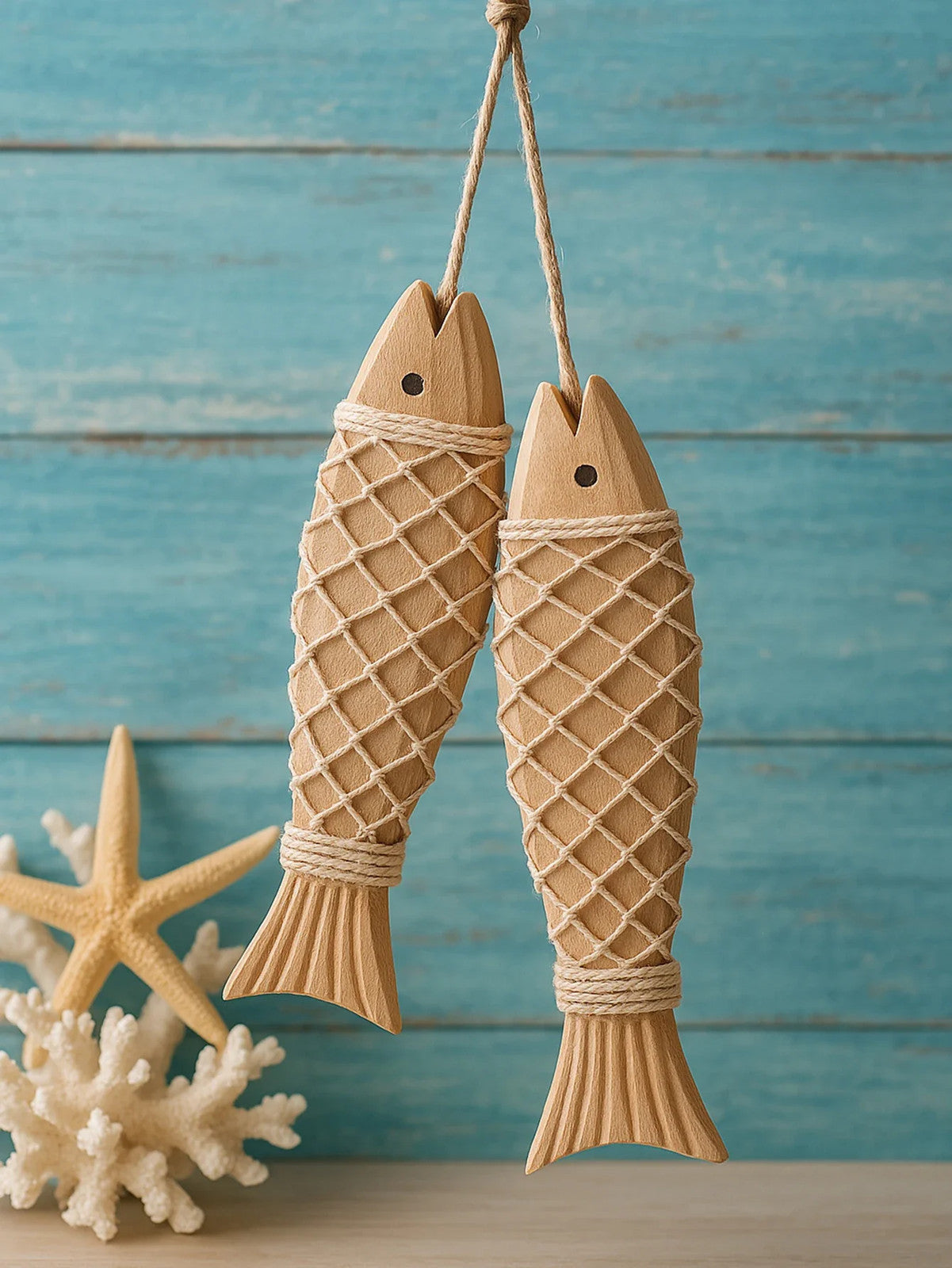 Rustic Wooden Fish Wall Decor - Nautical Rope Hanging Ornament for Home