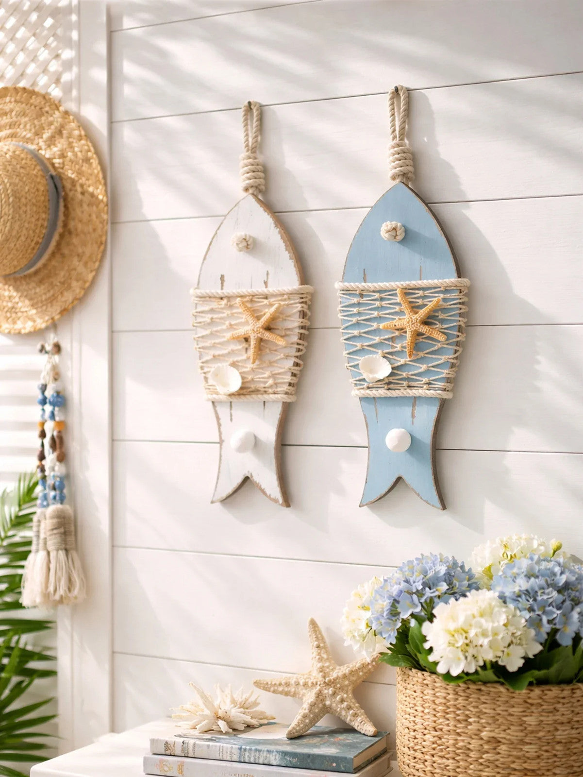 Nautical Decorative Wood Fish Wall Hook – Coastal Beach Starfish Hanger