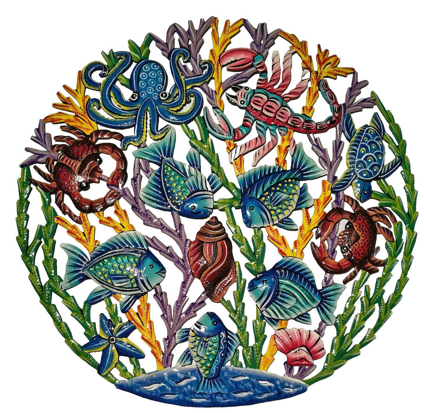 23 inches Oil Drum Top Multicolor Fish Made in Haiti Hand Made Metal Drum Art