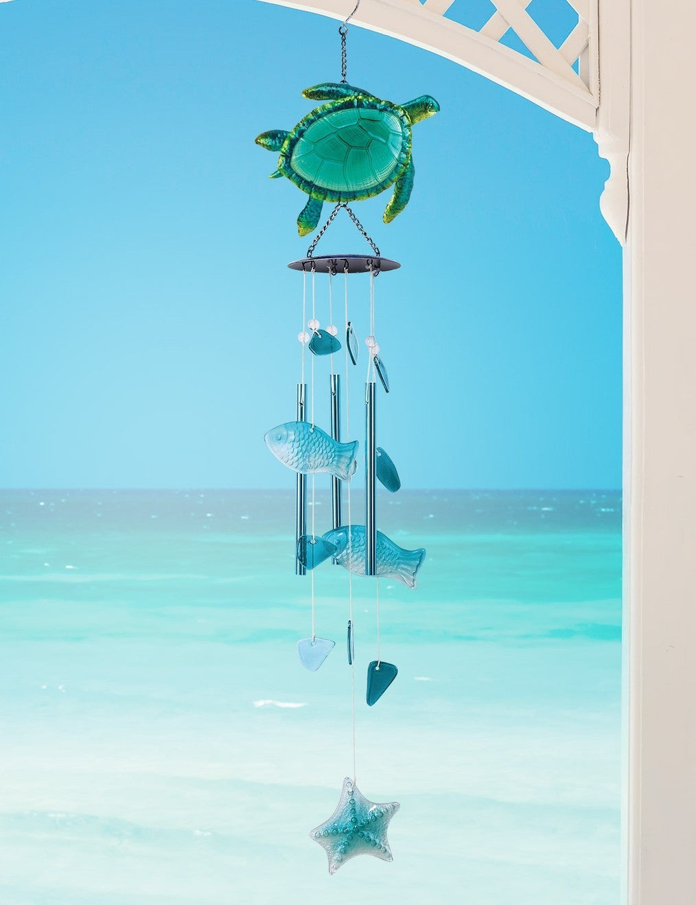 Sunset Vista Designs Hanging Turtle Wind Chime Coastal Glass Accents 33inch