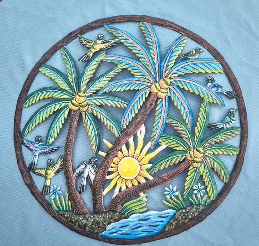23 inches Antoine- Full of Colors Tropical Tree &Sun Hand Made Metal Drum Art