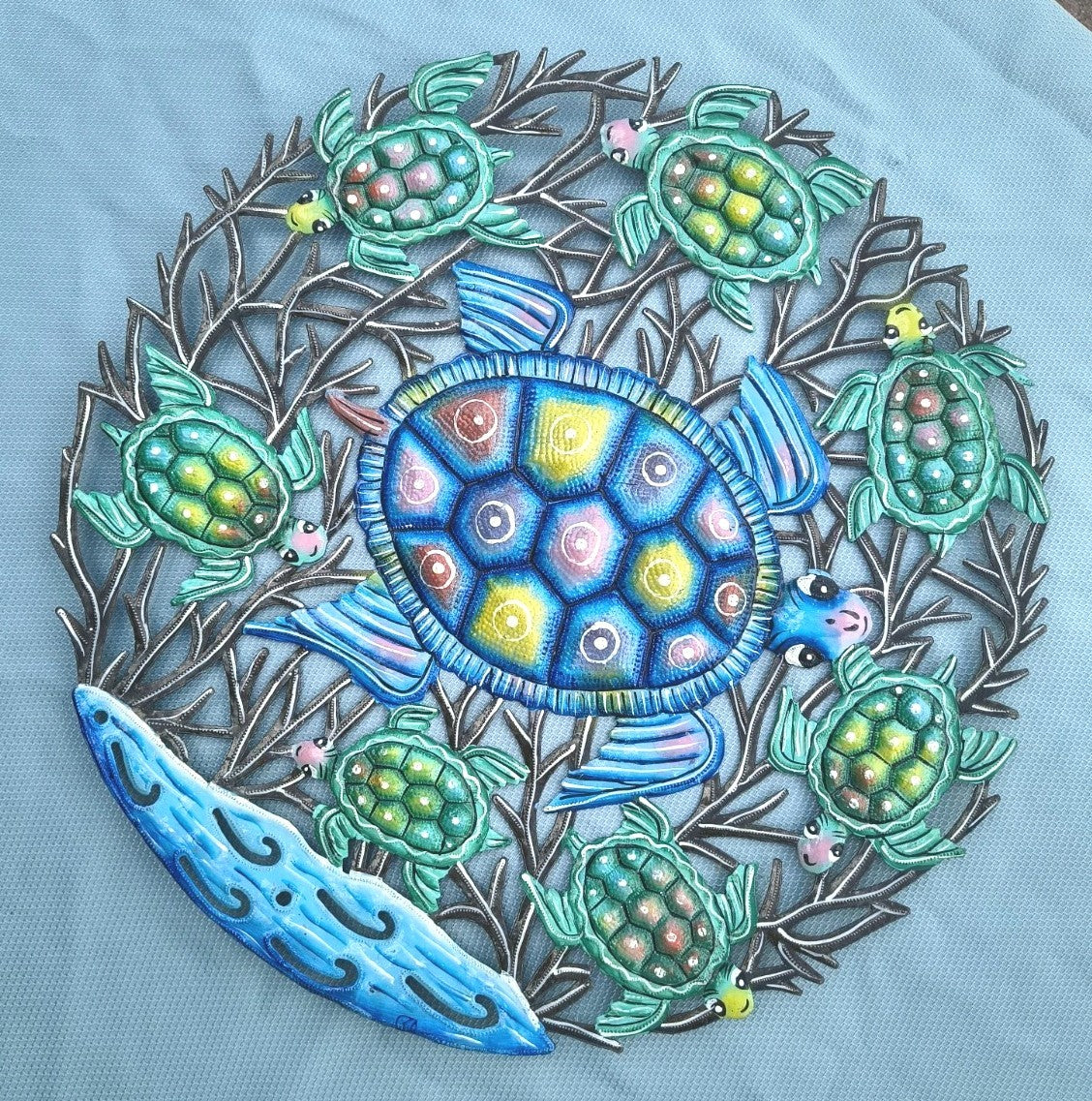 23 inches Antoine- Blue & Turquoise Turtles Hand Made Metal Drum Artwork