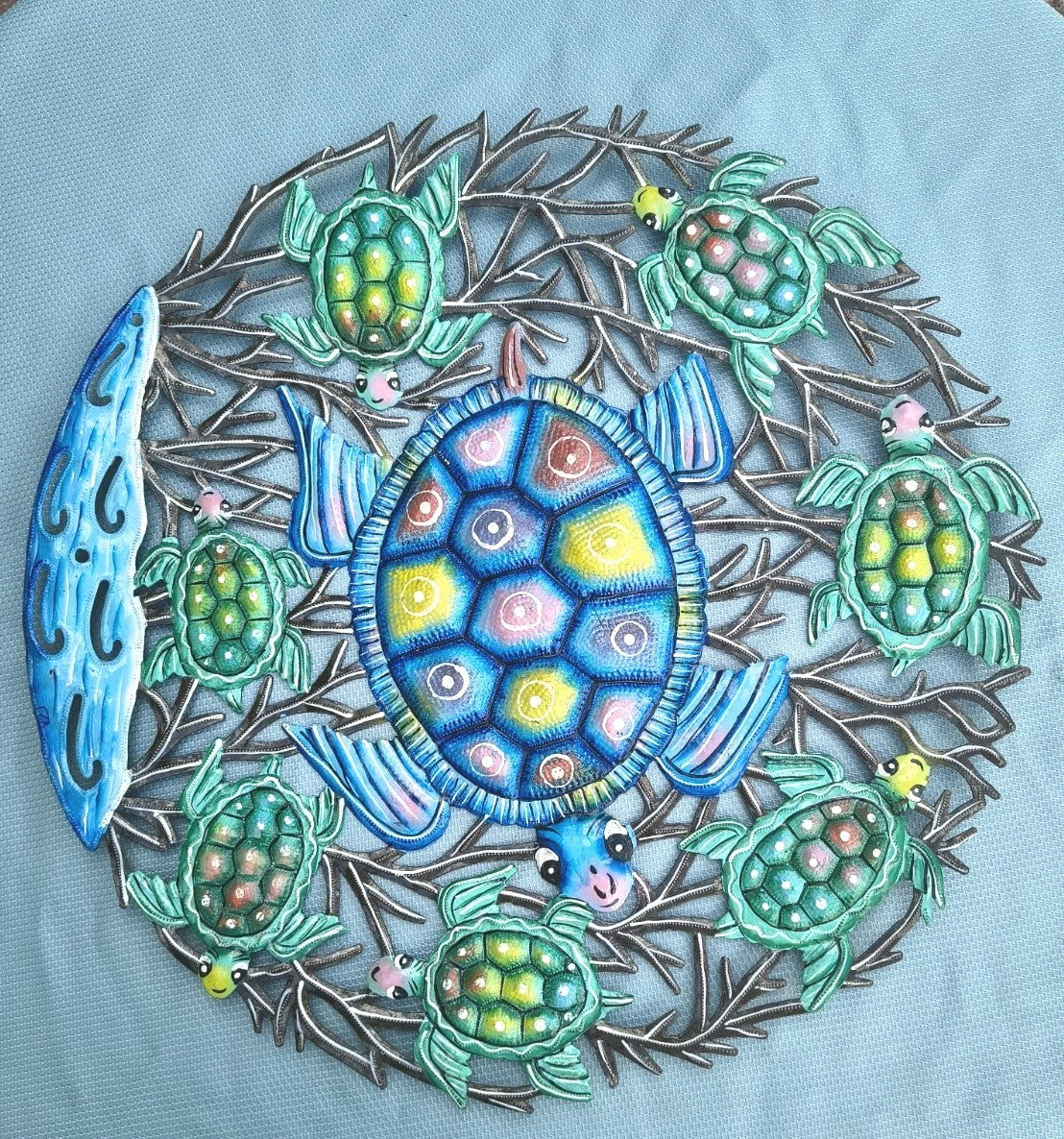23 inches Antoine- Blue & Turquoise Turtles Hand Made Metal Drum Artwork
