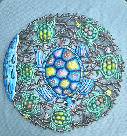 23 inches Antoine- Blue & Turquoise Turtles Hand Made Metal Drum Artwork