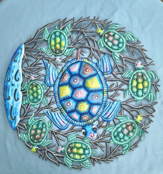 23 inches Antoine- Blue & Turquoise Turtles Hand Made Metal Drum Artwork