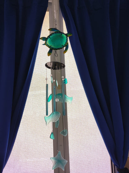 Sunset Vista Designs Hanging Turtle Wind Chime Coastal Glass Accents 33inch