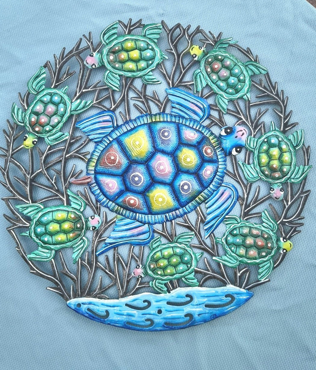 23 inches Antoine- Blue & Turquoise Turtles Hand Made Metal Drum Artwork