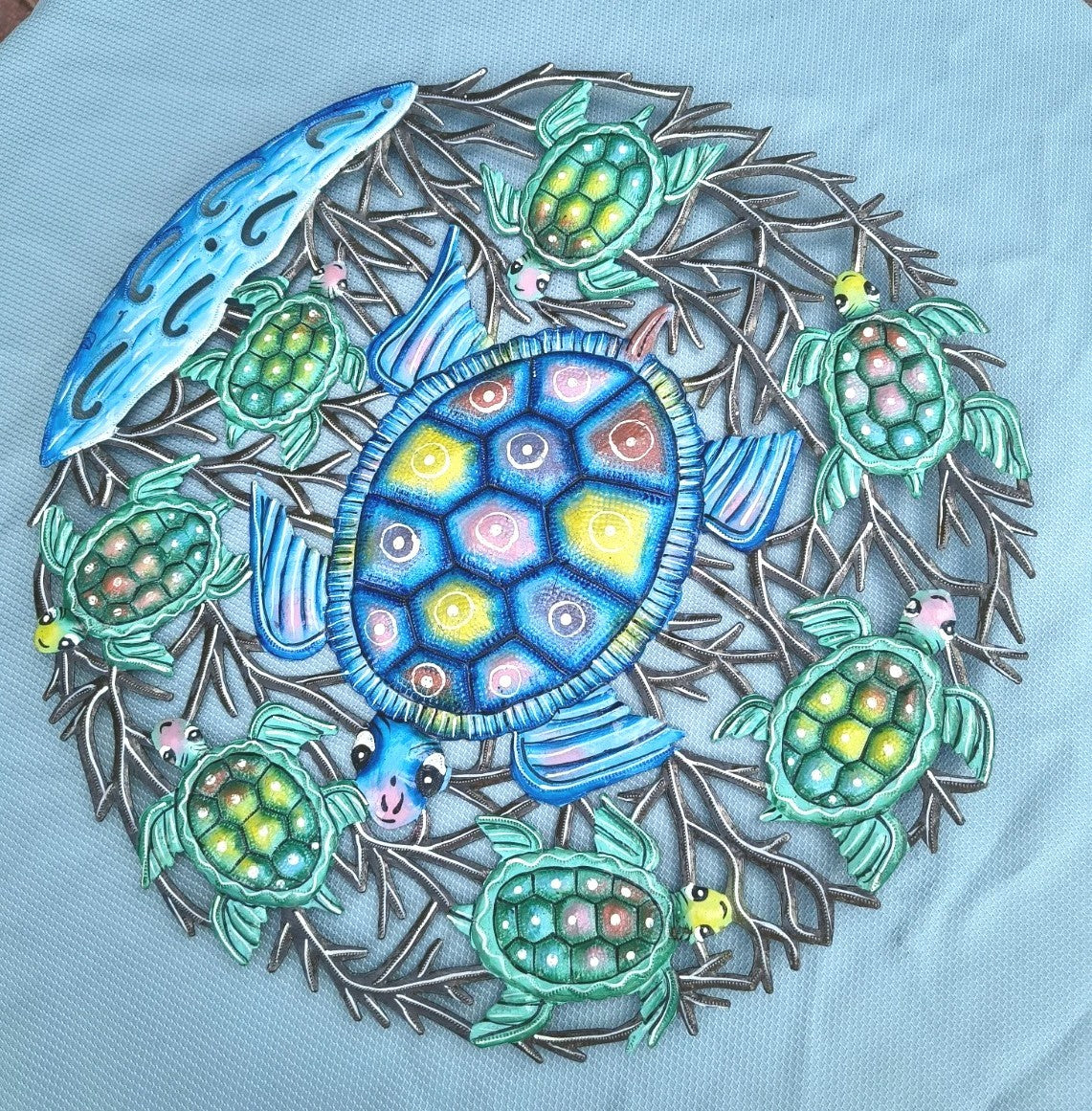 23 inches Antoine- Blue & Turquoise Turtles Hand Made Metal Drum Artwork