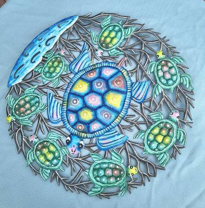 23 inches Antoine- Blue & Turquoise Turtles Hand Made Metal Drum Artwork