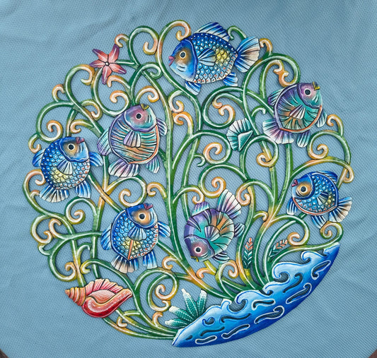 23 inches Oil Drum Top Multicolor Fish Made in Haiti Hand Made Metal Drum Art