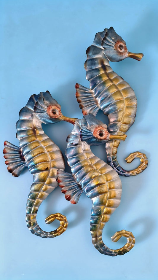 Metal Seahorse Sculpture Globe Triple Seahorse 24 Inch Aquamarine Blue