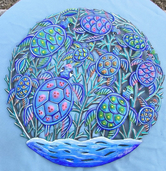 23 inch Antoine- Blue & Turquoise Turtles Made in Haiti Hand Made Metal Drum Art